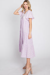 Lavender Floral Embroidered Button Front Midi Dress