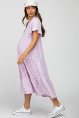 Lavender Floral Embroidered Button Front Maternity Midi Dress