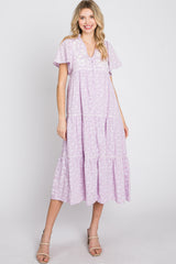 Lavender Floral Embroidered Button Front Midi Dress