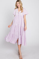 Lavender Floral Embroidered Button Front Midi Dress