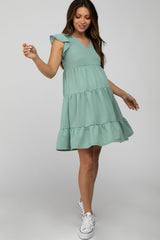 Mint Green Ruffle Sleeve Tiered Maternity Dress