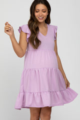 Lavender Ruffle Sleeve Tiered Maternity Dress