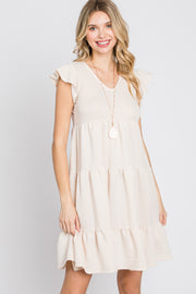 Cream Ruffle Sleeve Tiered Dress