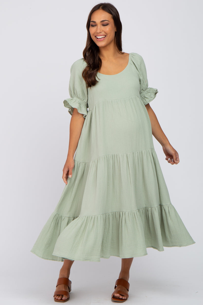 Mint Green Puff Sleeve Tiered Maternity Midi Dress – PinkBlush