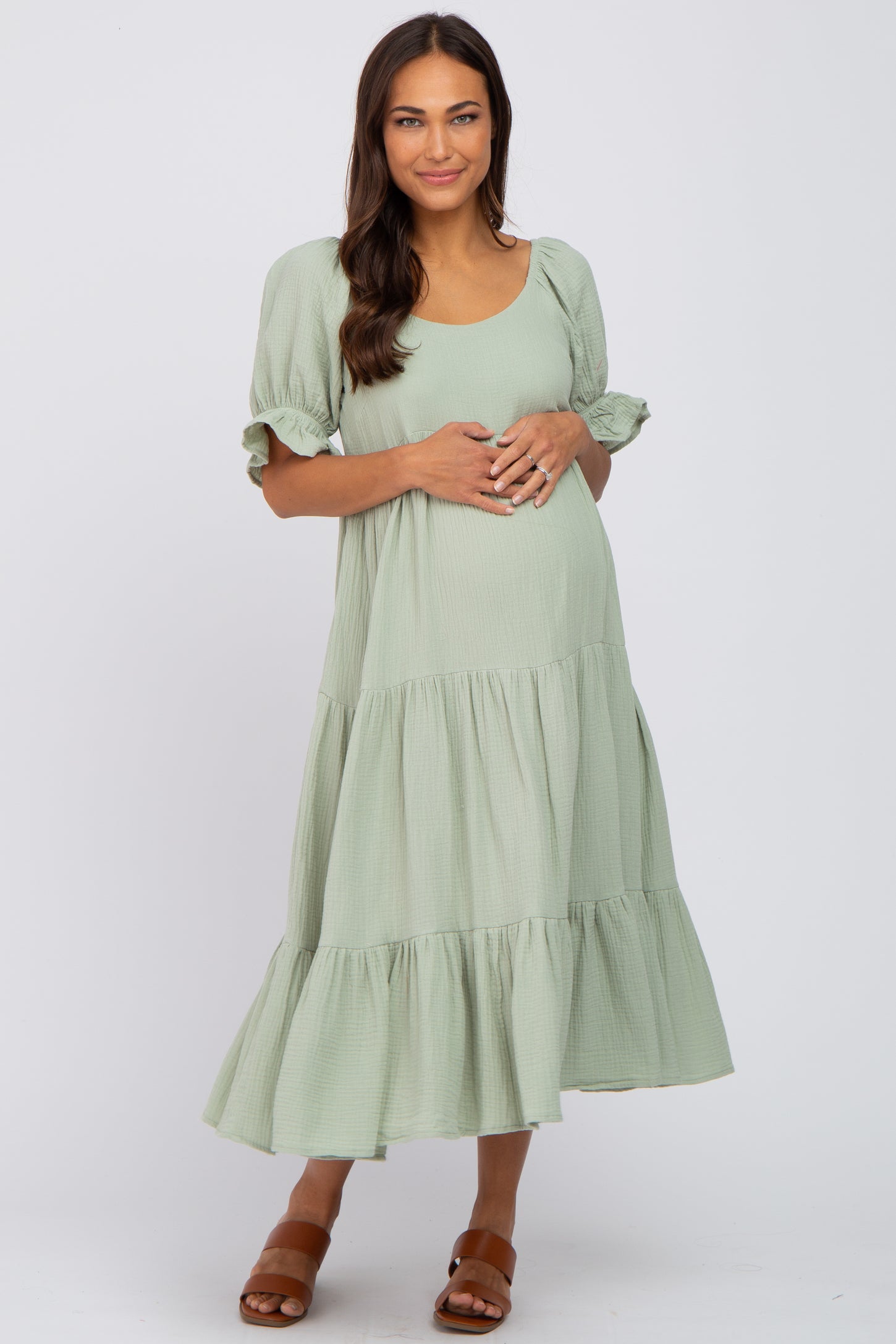 Mint Green Puff Sleeve Tiered Maternity Midi Dress– PinkBlush