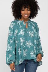 Teal Ruffle Neck Pleated Sleeve Maternity Top