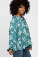 Teal Ruffle Neck Pleated Sleeve Top