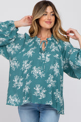 Teal Ruffle Neck Pleated Sleeve Maternity Top