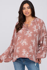 Mauve Ruffle Neck Pleated Sleeve Maternity Top