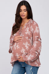 Mauve Ruffle Neck Pleated Sleeve Maternity Top