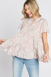 White Floral Mock Neck Tiered Top