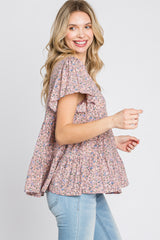 Pink Floral Mock Neck Tiered Top