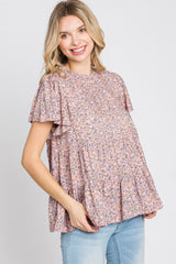 Pink Floral Mock Neck Tiered Top