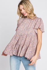 Pink Floral Mock Neck Tiered Top