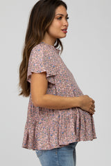 Pink Floral Mock Neck Tiered Maternity Top