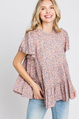 Pink Floral Mock Neck Tiered Top