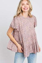 Pink Floral Mock Neck Tiered Top