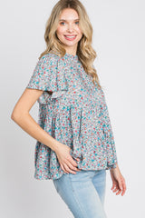 Blue Floral Mock Neck Tiered Top