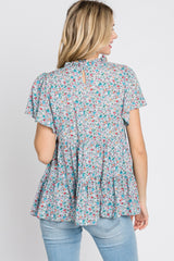 Blue Floral Mock Neck Tiered Top