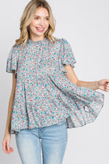 Blue Floral Mock Neck Tiered Top