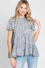 Blue Floral Mock Neck Tiered Top