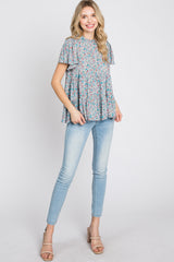 Blue Floral Mock Neck Tiered Top