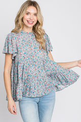 Blue Floral Mock Neck Tiered Top