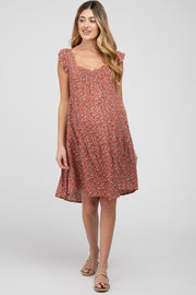 Rust Ditsy Floral Flutter Sleeve Maternity Dress