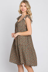 Olive Ditsy Floral Flutter Sleeve Dress