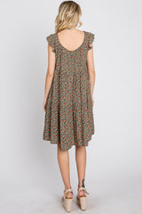 Olive Ditsy Floral Flutter Sleeve Dress