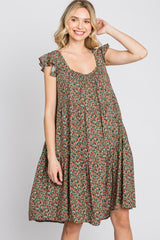 Olive Ditsy Floral Flutter Sleeve Dress