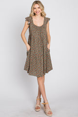 Olive Ditsy Floral Flutter Sleeve Dress