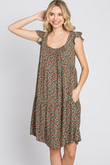 Olive Ditsy Floral Flutter Sleeve Dress