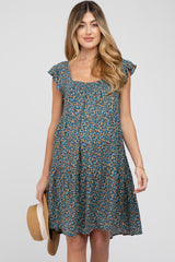 Blue Floral Smocked Square Neck Ruffle Sleeve Maternity Dress