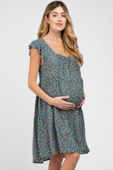 Blue Floral Smocked Square Neck Ruffle Sleeve Maternity Dress