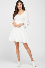 White Smocked Tiered 3/4 Ruffle Sleeve Maternity Dress