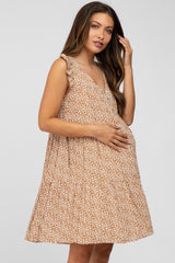 Camel Floral Print Tiered Maternity Dress