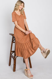 Camel Ruffle Accent Midi Dress