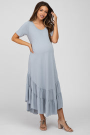 Blue Ruffle Accent Maternity Midi Dress