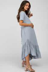 Blue Ruffle Accent Maternity Midi Dress