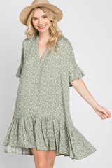 Light Olive Floral Ruffle Hi- Lo Hem Mini Dress