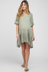 Light Olive Floral Ruffle Hi- Lo Hem Maternity Mini Dress