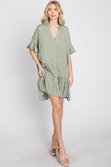 Light Olive Floral Ruffle Hi- Lo Hem Mini Dress