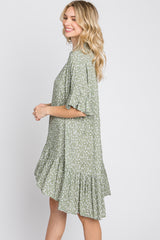 Light Olive Floral Ruffle Hi- Lo Hem Mini Dress