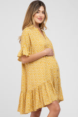 Yellow Floral Ruffle Hi- Lo Hem Maternity Mini Dress