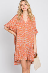 Orange Floral Ruffle Hi- Lo Hem Mini Dress