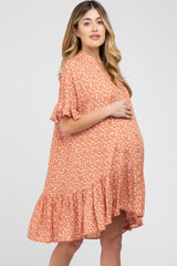 Orange Floral Ruffle Hi- Lo Hem Maternity Mini Dress