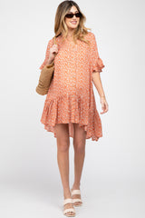 Orange Floral Ruffle Hi- Lo Hem Maternity Mini Dress