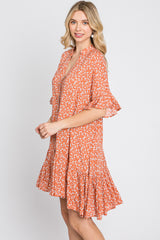 Orange Floral Ruffle Hi- Lo Hem Mini Dress