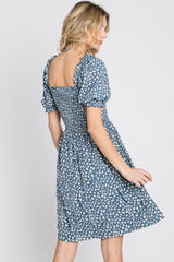 Blue Printed Puff Sleeve Dress